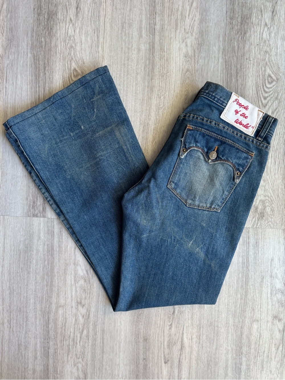 Y2K People of the World Denim Distressed Mid-Low Rise Bootcut Flare Jeans Sz 29